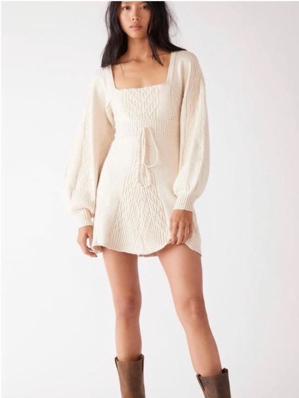 Free People Cream Cable-Knit Square Neck Mini Dress
